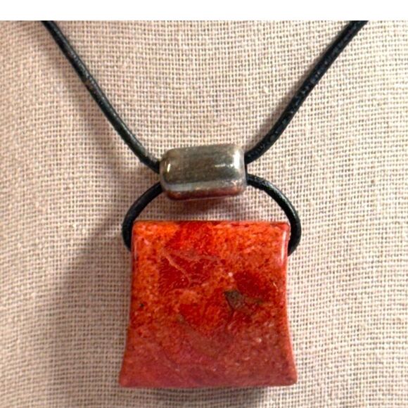 Silpada Cardinal Rule Red Coral Pendant Black Leather Cord Necklace Square - Picture 2 of 14